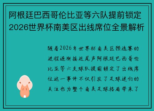 阿根廷巴西哥伦比亚等六队提前锁定2026世界杯南美区出线席位全景解析
