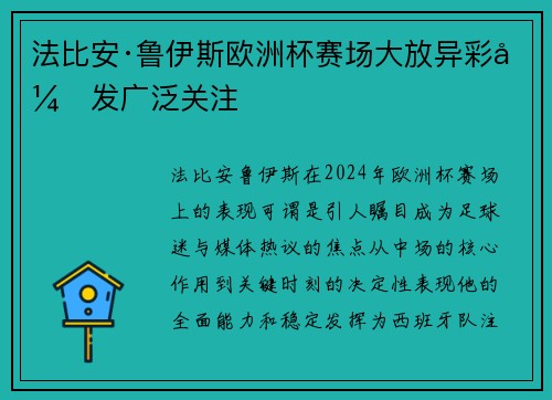 法比安·鲁伊斯欧洲杯赛场大放异彩引发广泛关注 法比安·鲁伊斯欧洲杯赛场大放异彩引发广泛关注